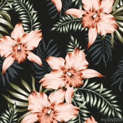 Tapeta: Tropical orchid flowers and palm leaves bouquets, black background.