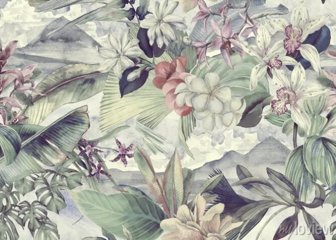 Tapeta: Tropical pattern with flowers and leaves on the background of