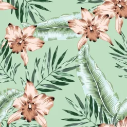Tapeta: Tropical pink orchid flowers, banana palm leaves, mint green