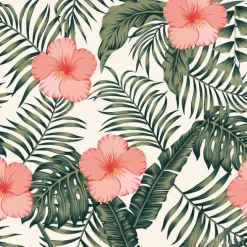 Tapeta: Tropikalne liście i hibiskus streszczenie kolory bezszwowe białe