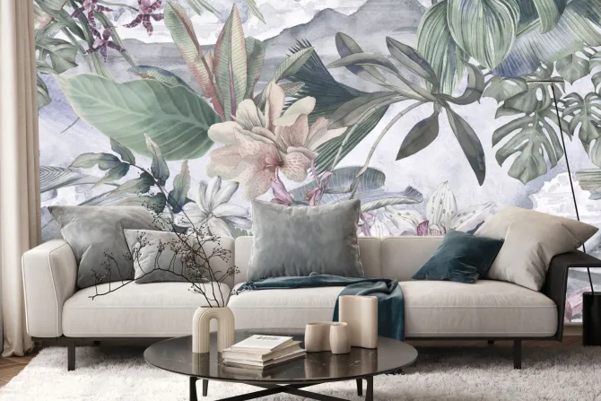 Tapeta: Tropikalne rośliny i kwiaty w stylu akwareli botaniczny wzór