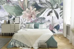 Tapeta: Tropikalne rośliny i kwiaty w stylu akwareli botaniczny wzór