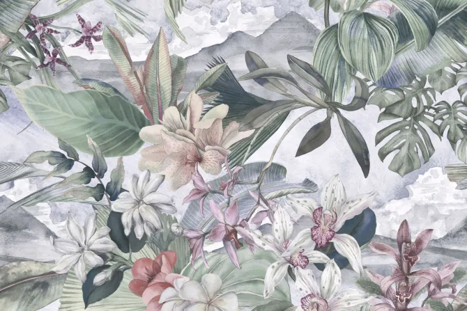 Tapeta: Tropikalne rośliny i kwiaty w stylu akwareli botaniczny wzór