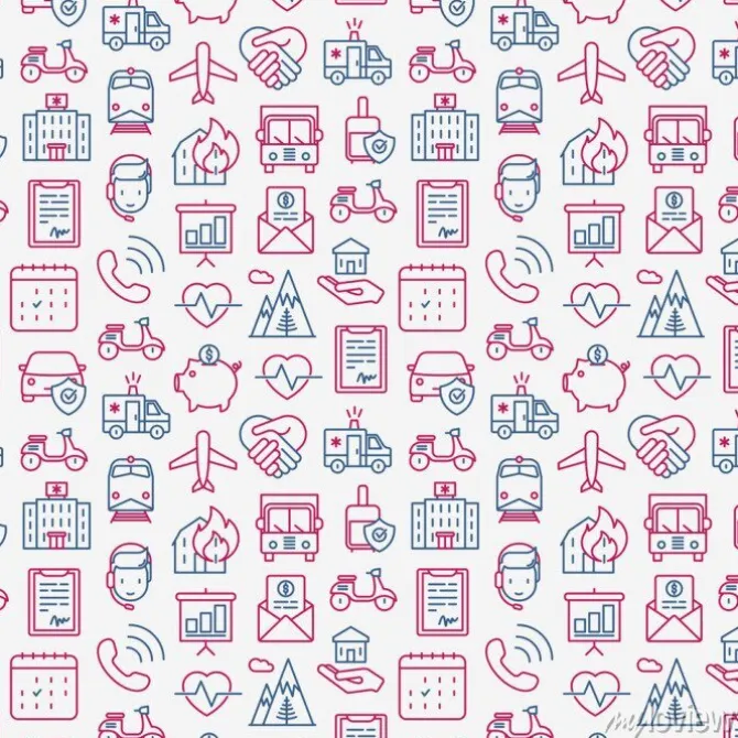 Tapeta: Ubezpieczenia bez szwu z cienkimi ikonami linii: zdrowie, życie,