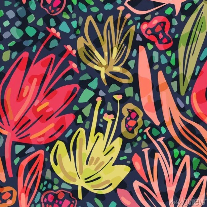 Tapeta: Vector seamless tropical pattern with bright minimalistic flowers