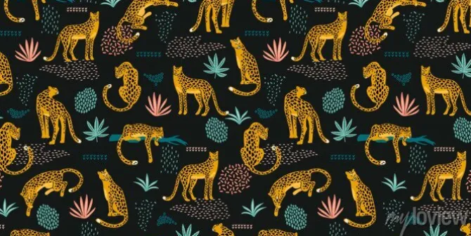 Tapeta: Vestor seamless pattern with leopards and abstract tropical leaves.