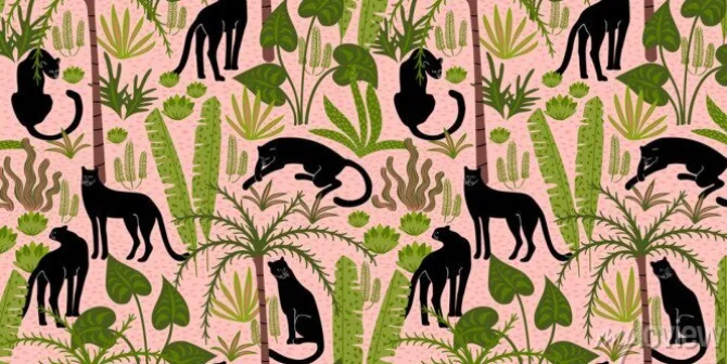 Tapeta: Vestor seamless pattern with panthers and tropical leaves.