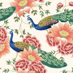 Tapeta: Vintage chinese flower lotus rose, leaves, peacock bird seamless