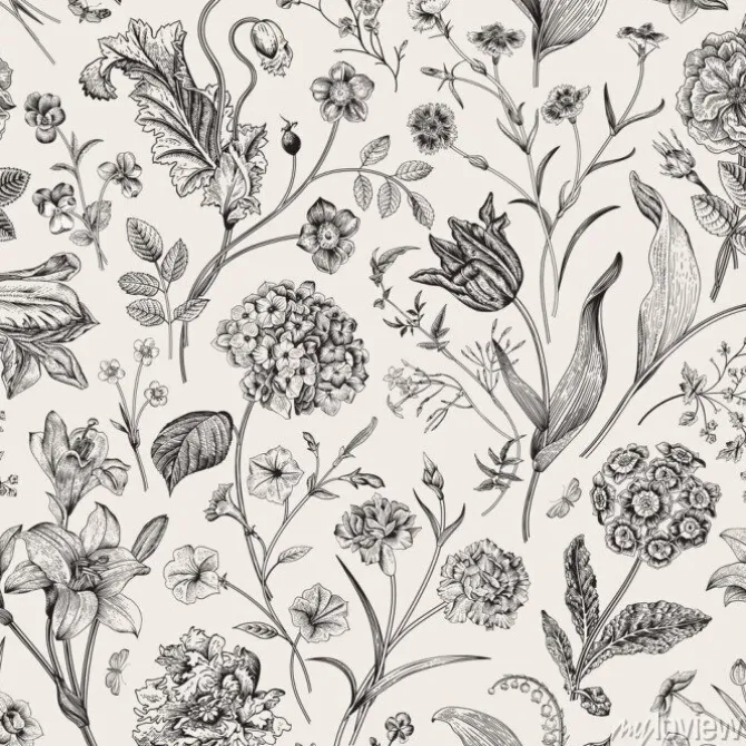 Tapeta: Vintage ilustracja botaniczna kwiaty i liście