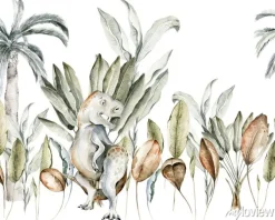 Tapeta: Watercolor cute dinosaurs border. hand painted dino frame with