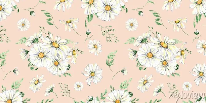 Tapeta: Watercolor daisy seamless pattern. boho floral and leaves, naive