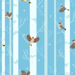 Tapeta: Waxwings birds seamless pattern in winter forest.
