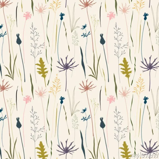 Tapeta: Wektor bez szwu deseń kwiatu z dzikich łąki kwiaty, zioła i trawy.