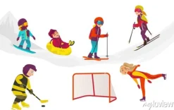Tapeta: Wektor cartoon dzieci robi zestaw sportów zimowych na zewnątrz.