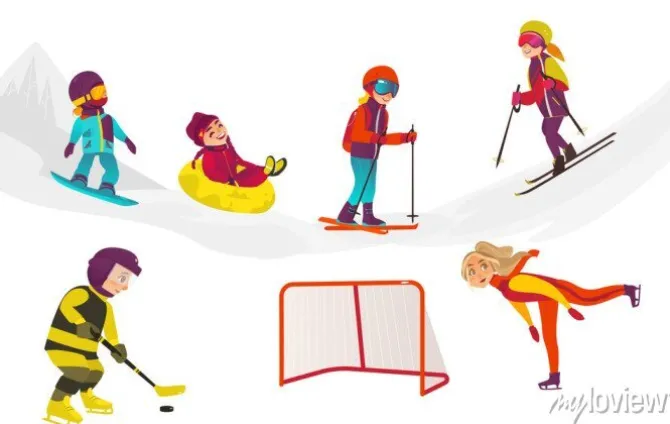 Tapeta: Wektor cartoon dzieci robi zestaw sportów zimowych na zewnątrz.