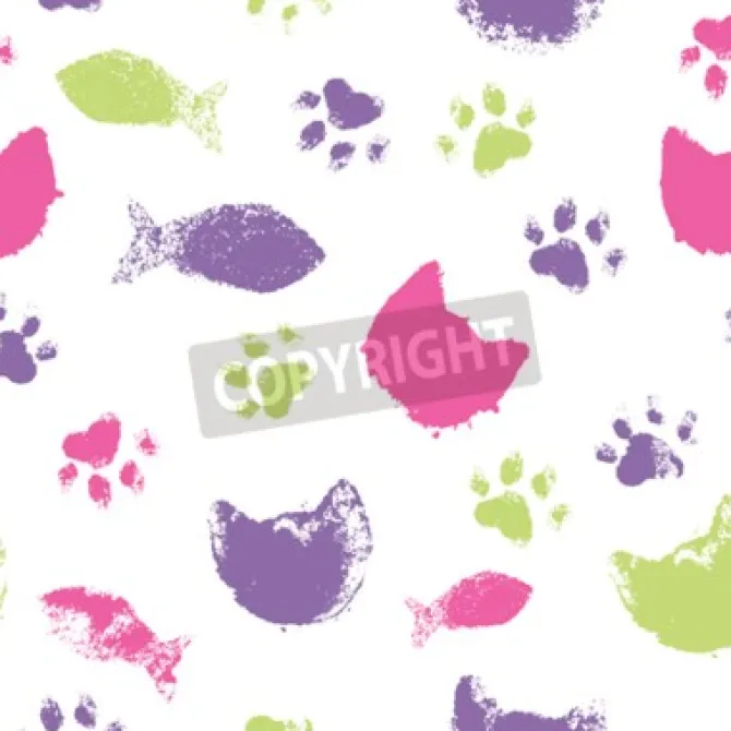 Tapeta: Wektor wzór z śladami łapy, głowy kota i ryb. śliczne, ręcznie