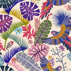 Tapeta: Wektorowy bezszwowy wzór z palmowymi liśćmi i papugami. tropikalna