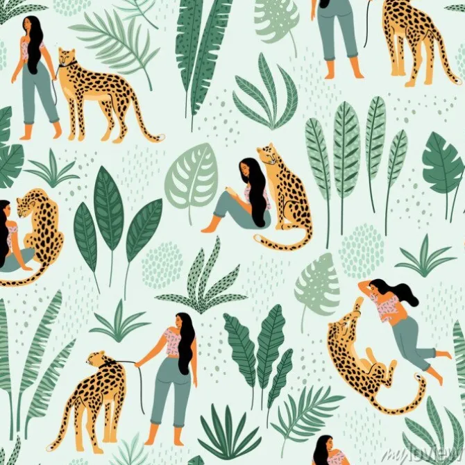 Tapeta: Wektorowy bezszwowy wzór z kobietami, lampartami i tropikalnymi