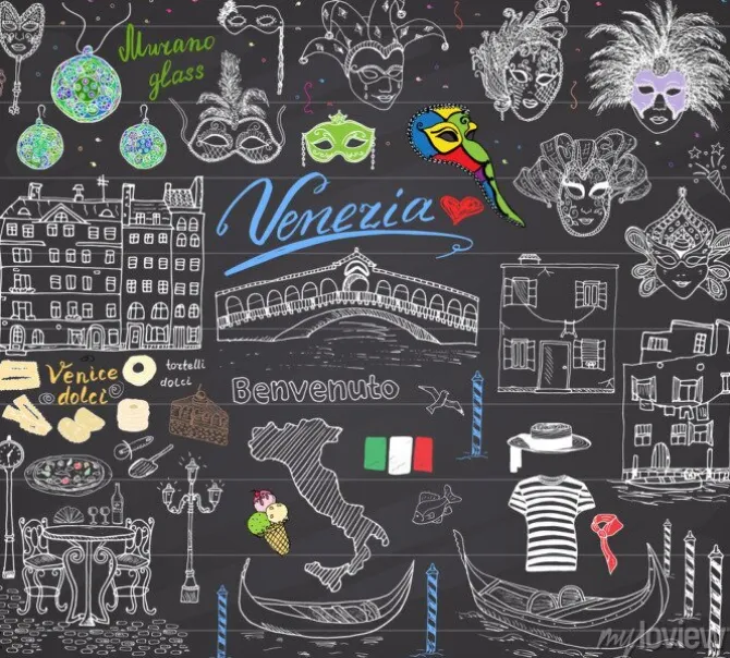 Tapeta: Wenecja elementy szkicu. ręcznie rysowane zestaw z flagą, mapa,