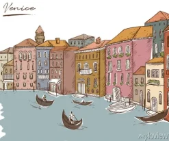 Tapeta: Wenecja. pejzaż z domami, kanałami i łodziami. ilustracji wektorowych