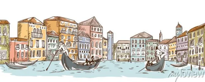 Tapeta: Wenecja. pejzaż z domami, kanałami i łodziami. ilustracji wektorowych