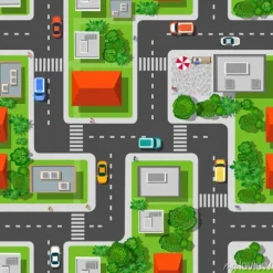 Tapeta: Widok z góry na miasto szwu wzór ulic, dróg, domów i samochodów