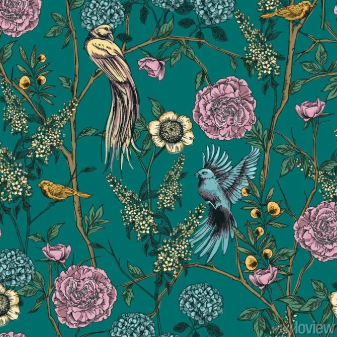 Tapeta: Wiktoriański ogród z kwiatami i ptakami