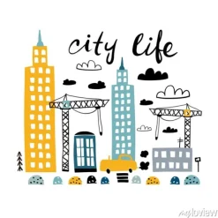 Tapeta: Wydruk miejski z kreskówki. dziecinna wektorowa ilustracja z