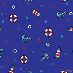 Tapeta: Wzorzec morska latarnia morska, koło ratunkowe i kotwica na ciemnoniebieskim