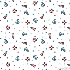 Tapeta: Wzorzec morski latarnia morska, koło ratunkowe i kotwica na białym