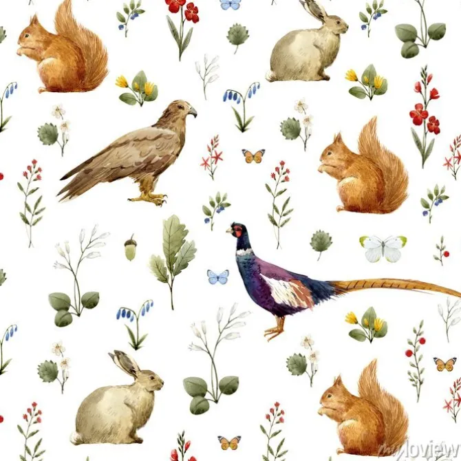 Tapeta: Wzór akwarela zwierząt leśnych