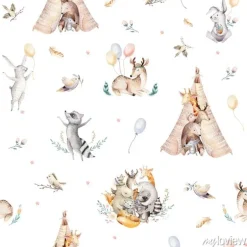 Tapeta: Wzór boho w leśne zwierzątka dla dzieci