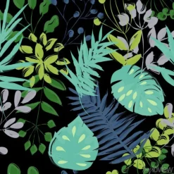 Tapeta: Wzór niebieskich i zielonych roślin na czarnym tle