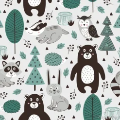 Tapeta: Wzór skandynawski z leśnymi zwierzętami