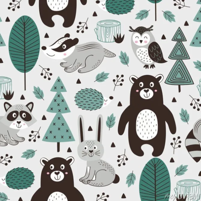 Tapeta: Wzór skandynawski z leśnymi zwierzętami