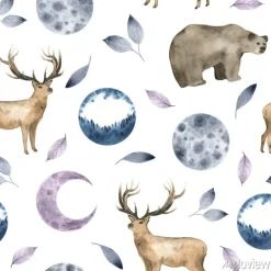 Tapeta: Wzór z akwarela leśnych zwierząt niedźwiedź jelenia