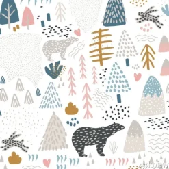 Tapeta: Wzór z bunny, niedźwiedź polarny, elementy lasu i ręcznie rysowane