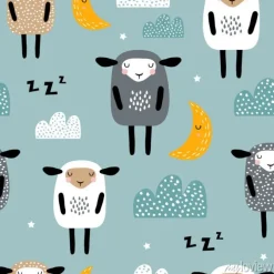 Tapeta: Wzór z cute spania owiec, księżyc, chmury. twórczy dobranoc tło.