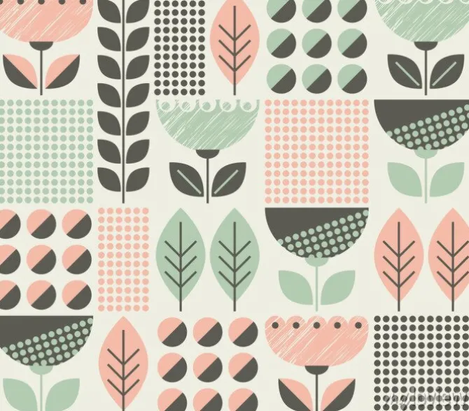 Tapeta: Wzór z kwiatów i liści w stylu retro skandynawskim