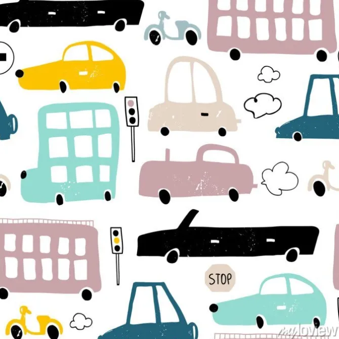 Tapeta: Wzór z ręcznie rysowane ładny samochód. kreskówka samochody,