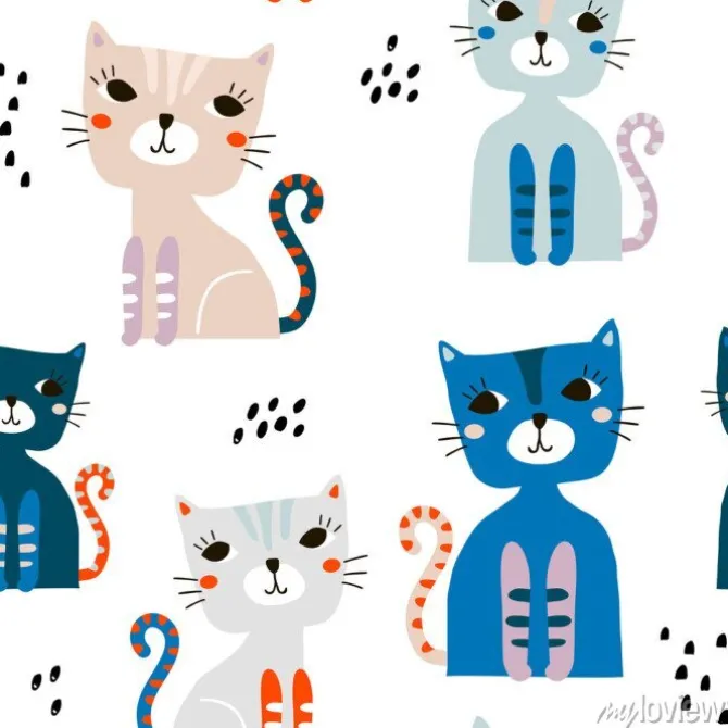 Tapeta: Wzór z słodkie kolorowe koty i ręcznie rysowane elementy. twórczy