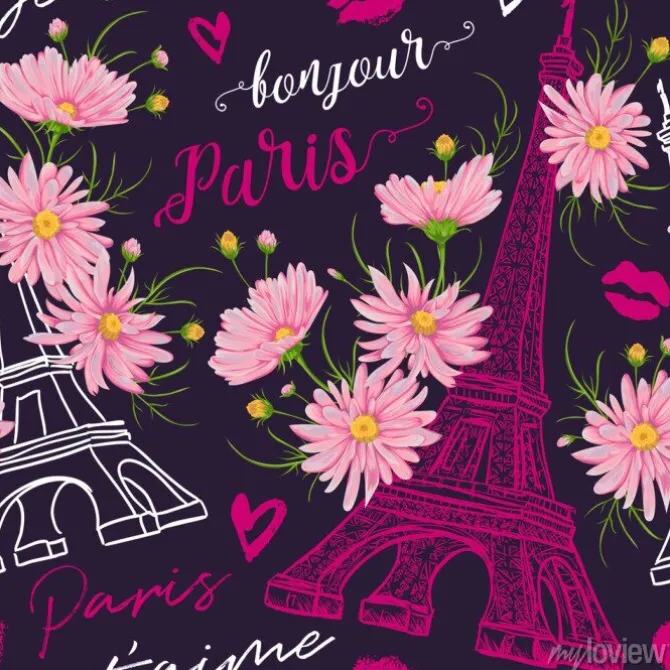Tapeta: Wzór z wieżą eiffla w kwiatach