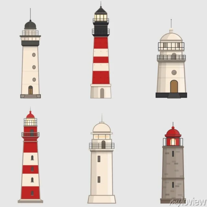 Tapeta: Zestaw różnych latarni morskich na tle światła