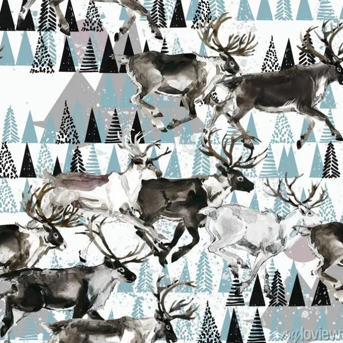 Tapeta: Zimowe bezszwowe tło. jeleń. arktyczny wzór. ilustracja akwarela