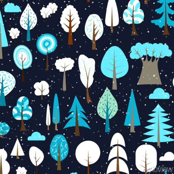 Tapeta: Zimowy wzór różnych drzew i krzewów. ilustracja wektorowa lasu.