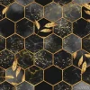 Tapeta: Złotawe sześciokąty i liście na czarnym marmurowym tle