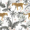 Tapeta: Zwierzęta tropikalne lamparty, kwiaty plumeria, liście palmowe,