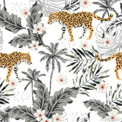 Tapeta: Zwierzęta tropikalne lamparty, kwiaty plumeria, liście palmowe,